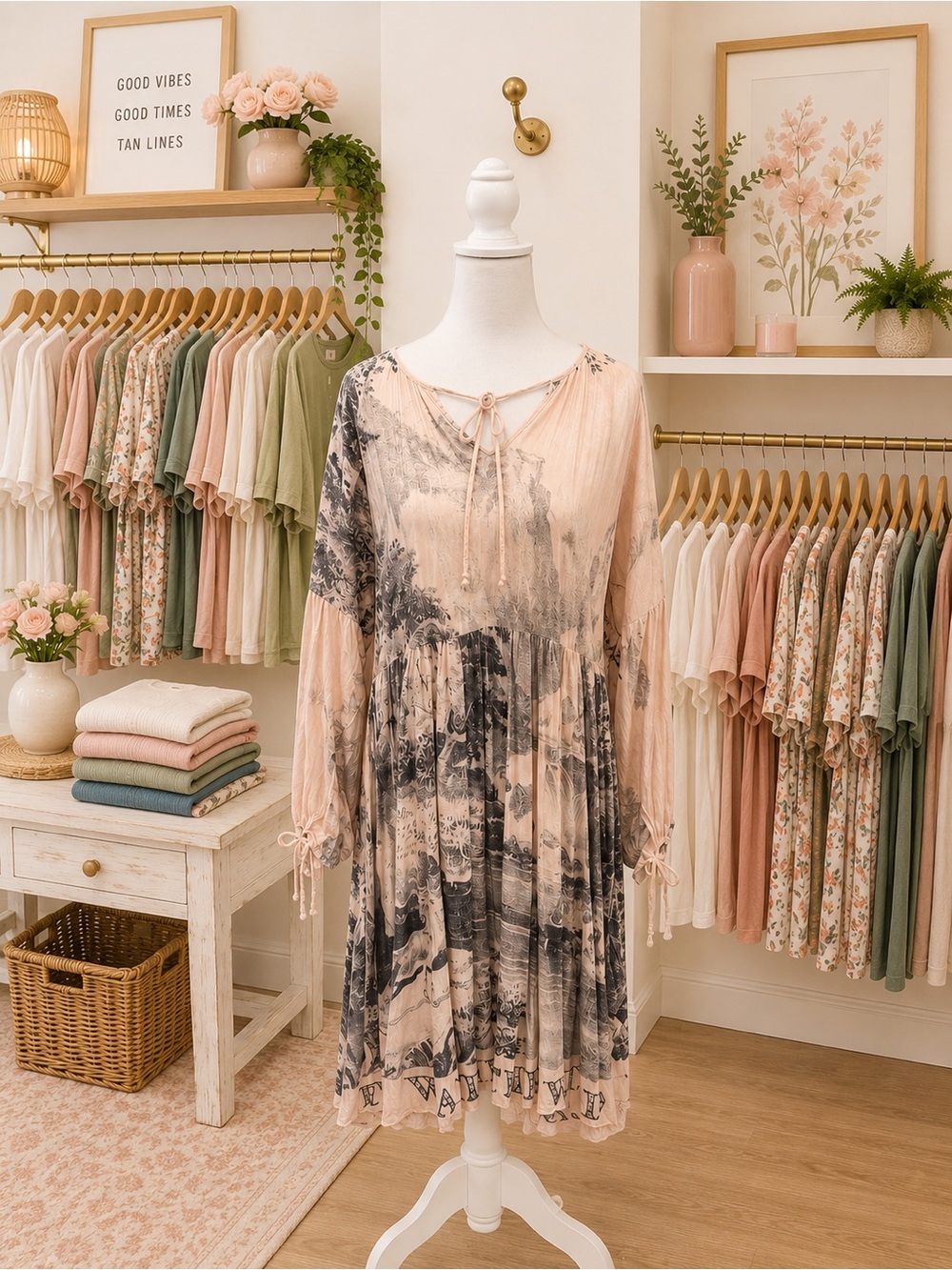 Market of Stars Pure Bamboo Dress Pink Gray Poem Print Boho Cottagecore